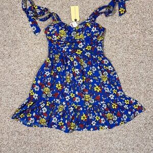 NWT B.O.G. Collective Blue Floral Bustier Mini Dress Tie Strap Smocked Back S